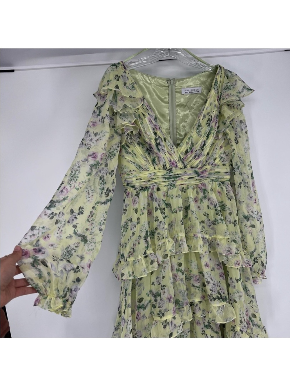 Mac Duggal Pale Green Floral V Neck Ruffled Chiffon Maxi Dress Evening Gown 8 - Picture 5 of 9